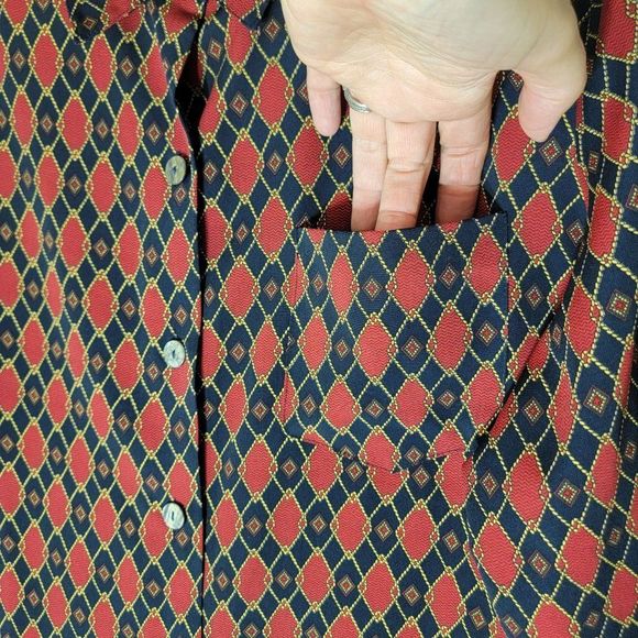 Vintage Cathy Che Blouse 1X Button Front Shoulder Pads Long Sleeve Red Blue Geo - Picture 5 of 10